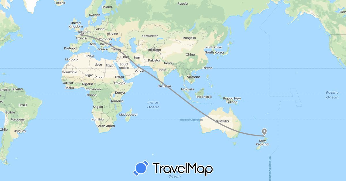 TravelMap itinerary: plane in United Arab Emirates, Australia, France, New Zealand (Asia, Europe, Oceania)